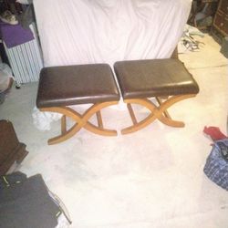 Brown Leather Stools (Pair) Unique Style Good Shape