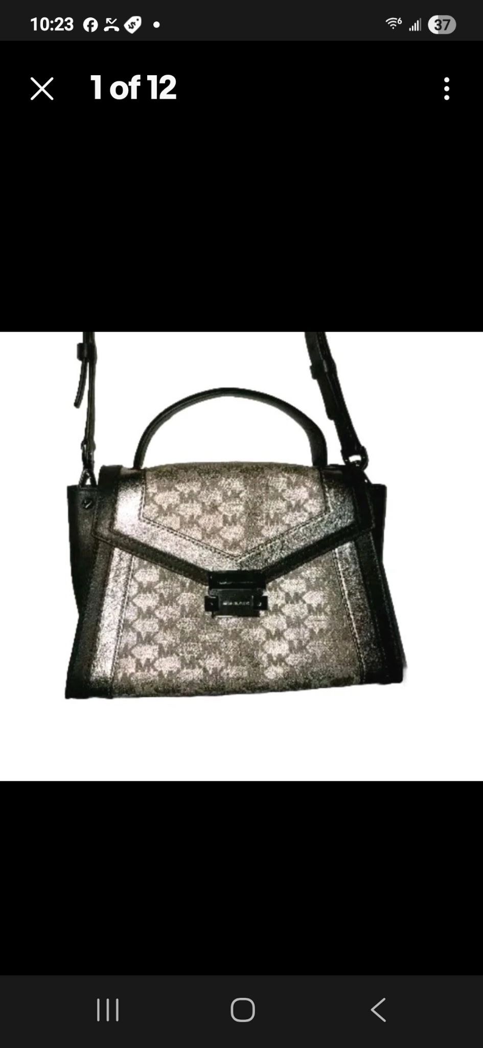 Michael Kors  Whitney Metallic Logo Silver Black Strap Top Handel Shoulder Bag 