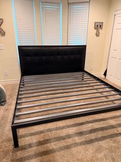 King Black Metal Bed Frame with Tufted Headboard