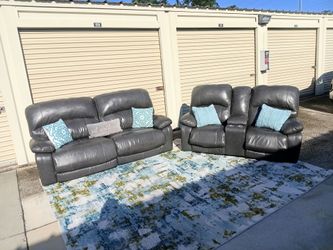 Dark Gray Leather Sofa and Loveseat