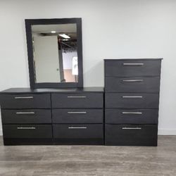 BLACK DRESSER WHIT MIRROR AND CHEST - CÓMODA CON ESPEJO Y GAVETERO COLOR NEGRO 