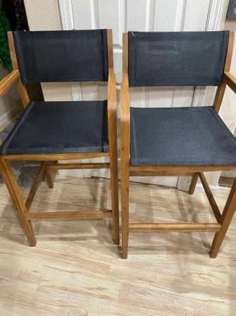 Brand New Set of 2 Acacia Wood Bar Height Patio Stools Black Mesh Seat