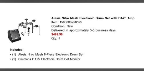 Alesis Nitro Mesh 8-Piece Electronic Drum Set with DA25 Amp like new