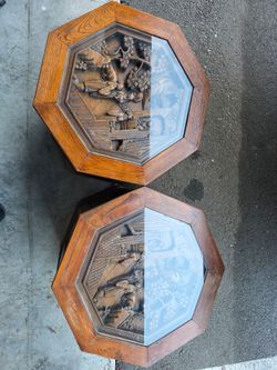 Pair of Octagonal Wood Carved Side Tables with Glass Top