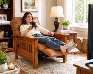 Mission Style Push Back Recliner Chair | Solid Wood & Faux Leather
