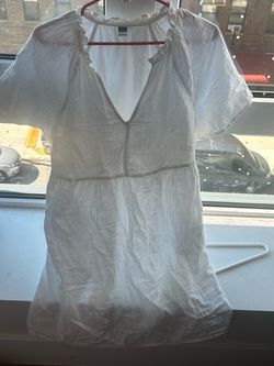 White Linen Mini Dress with Ruffle Neckline