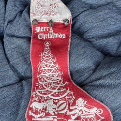 Vtg ‘40’s  FELT Christmas Stocking STENCIL Christmas Tree/ TOYS. 3 Bells. Rare