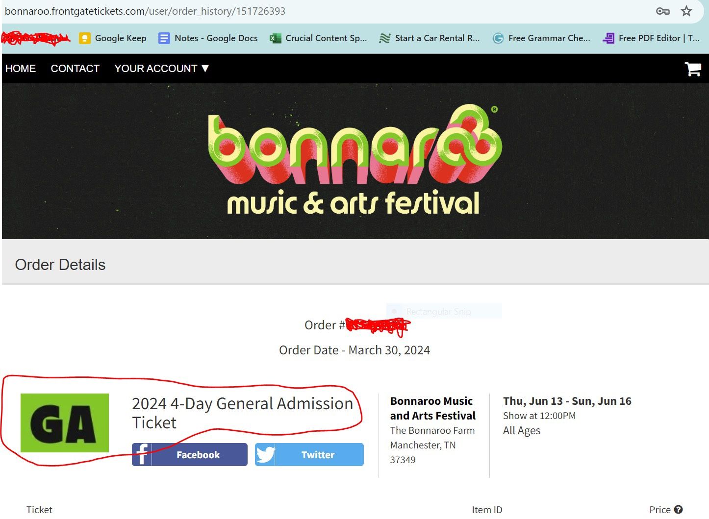 Bonnaroo 4-day GA Pass June 13-16