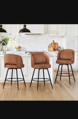 Brown Leather Swivel Bar Stools With Pillow - Set of 3 Counter Height
