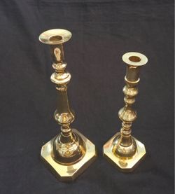 2 Vtg Solid Brass Candle Holders Heavy 12.5"X4.75" & 10.5"X3.5"