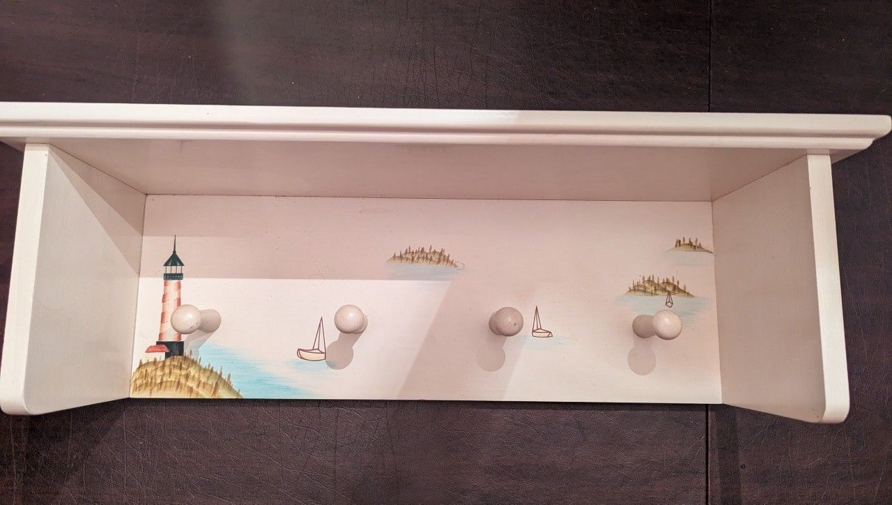 NEW! Croscill Coastal Decor Wall Shelf with Pegs - Hand-Painted Lighthouse & Sailboats