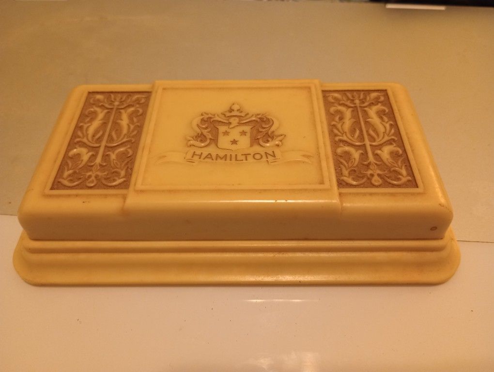 Vintage Hamilton Watch Presentation Box *20.00 Firm* Cream Tone Celluloid Gold Heraldic Decoration