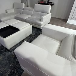 LEATHER LIVING ROOM: SECTIONAL SOFA, ARM CHAIR, STORAGE OTTOMAN