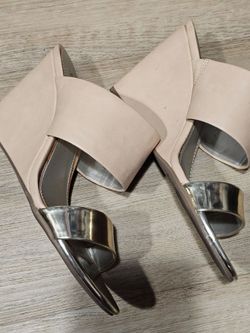Nude and Silver Open-Toe Mule Heels
