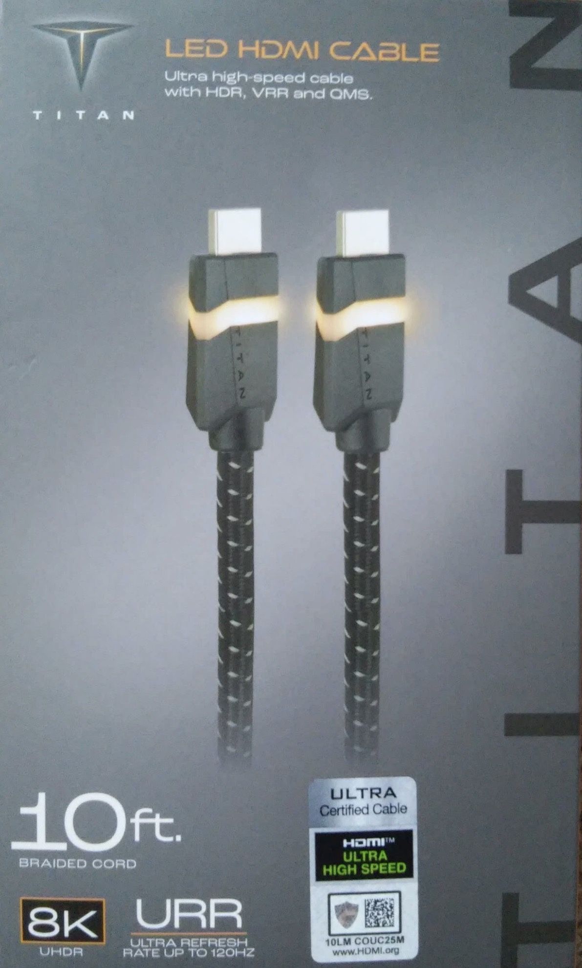 Titan 8K HDMI 2.1 Cable, 10Ft Braided Cord, Amber LED Light Strip, Ultra High-Speed Cable