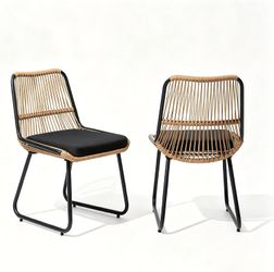Outdoor Dining Chairs Set of 2, Wicker Chairs with Black Cushion
