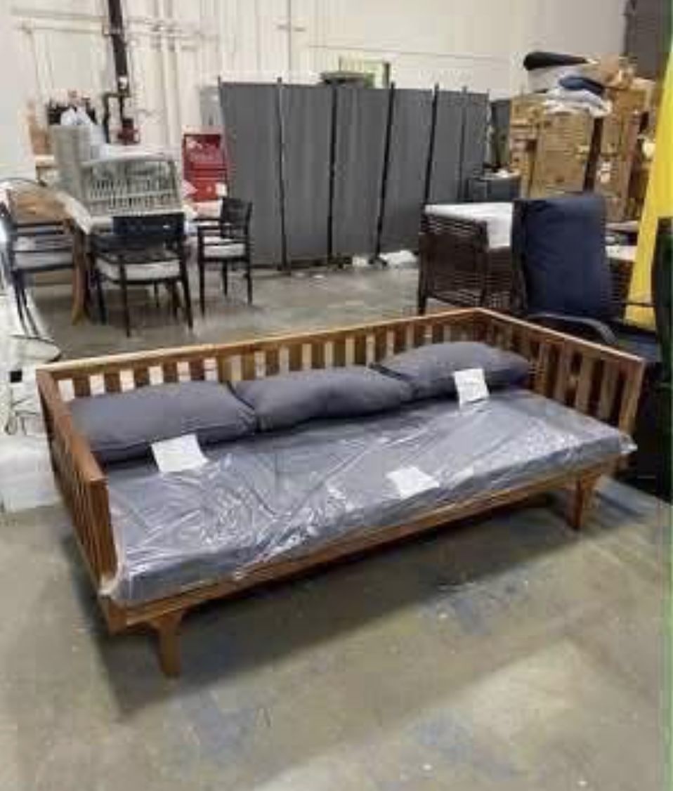 New Assembled Outdoor 3 Seater Daybed, Acacia Wood Day Bed Couch Sofa with Cushions