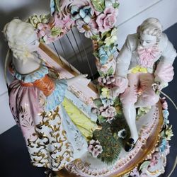 Vintage Victorian Italian Capodimonte Style Porcelain Table Lamp with Shade Frame