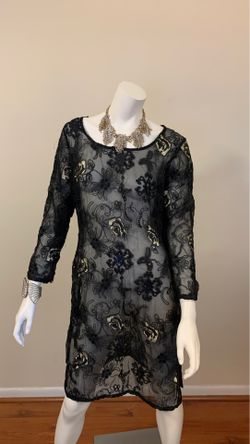Black and gold party/ evening chiffon dress with duppata/ scarf/ wrap/ size large