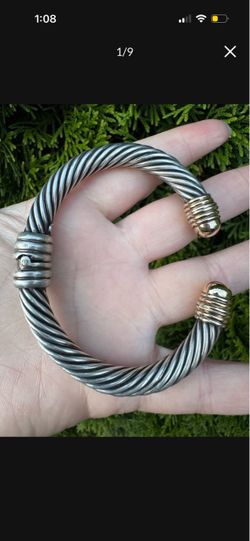 Sterling Silver Gold Cable Cuff Bracelet – Signed A&R, Hinged, DY-Style