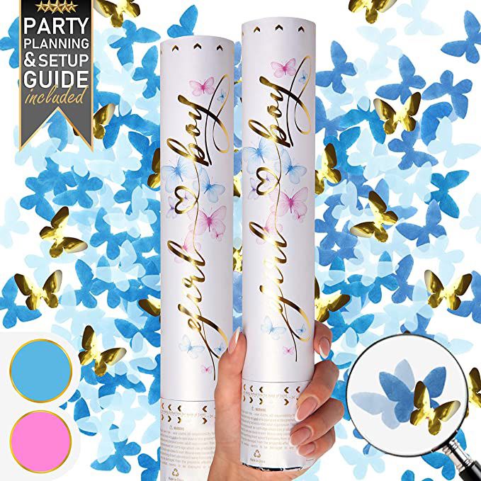 Gender Reveal Confetti Cannon - Set of 2 - Biodegradable Butterfly Confetti in Blue