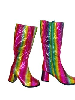 DISCO Rainbow Glitter Knee-High 3” chunky  Block Heel Boots - Multicolor Sz 9   Make a bold statement with these brand new Ellie multicolor rainbow gl