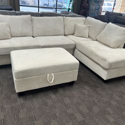Cream sectional W/ Storage Ottoman 