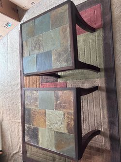 Set of 2 Solid Wood Slate Top End Tables – Heavy & Sturdy – $50