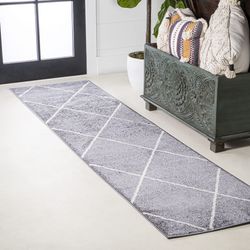 New 2x10’ Minimalist Diamond Trellis Indoor Runner Rug