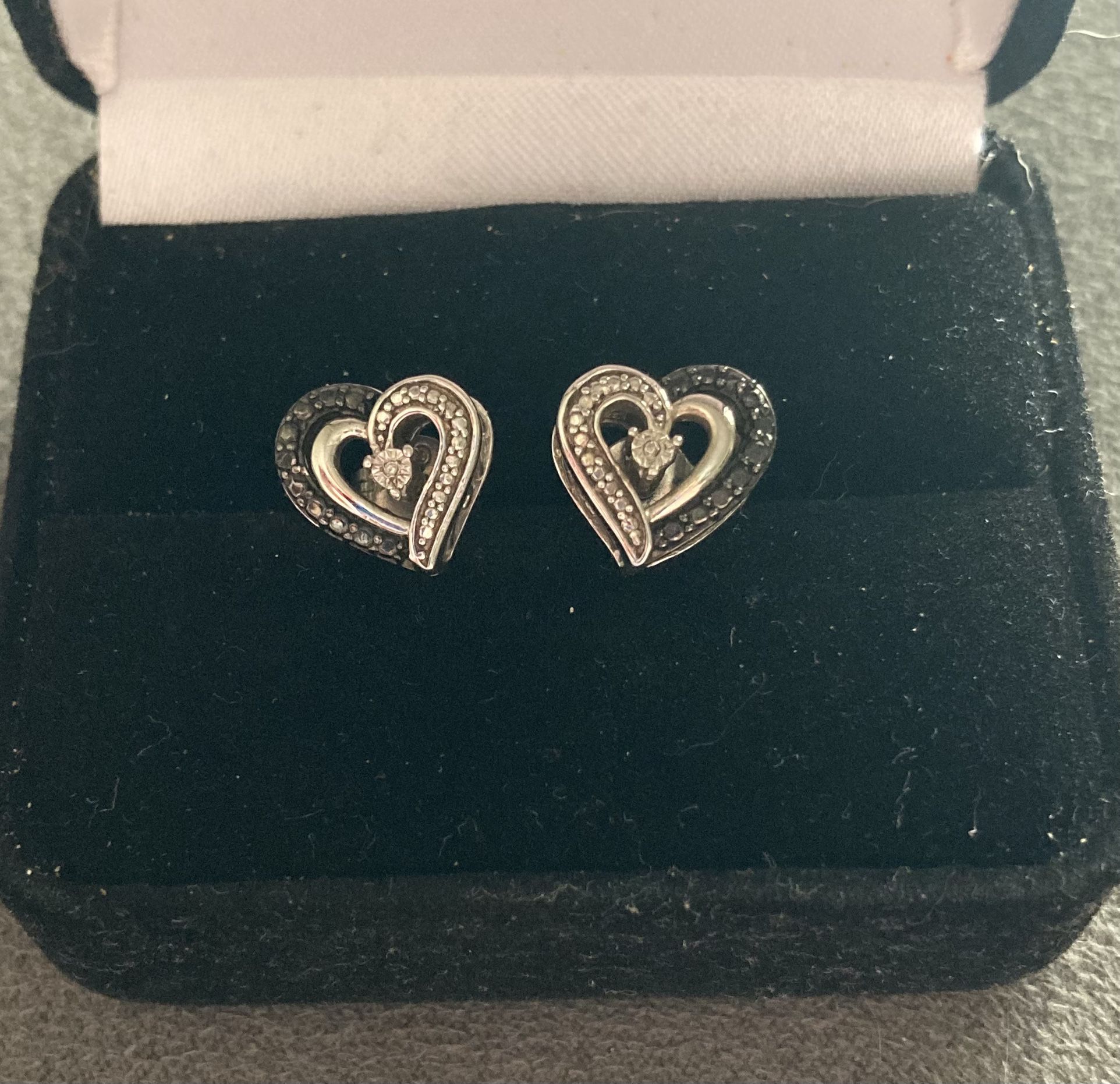 Diamond and black sapphire Sterling silver heart earrings