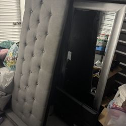 QUEEN Headboard, bedframe, mattress+box spring, mirror, small dresser