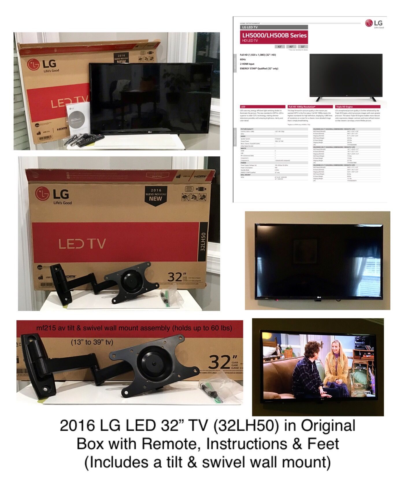2016 LG LED 32” TV (32LH50) in Original Box & Tilt & Swivel Wall Mount