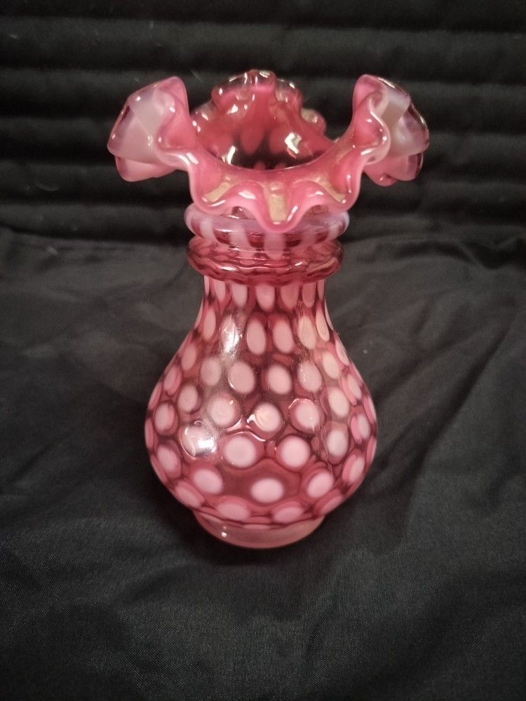 Vintage Fenton Glass Cranberry Pink Opalescent Coin Dot Fluted Ruffled