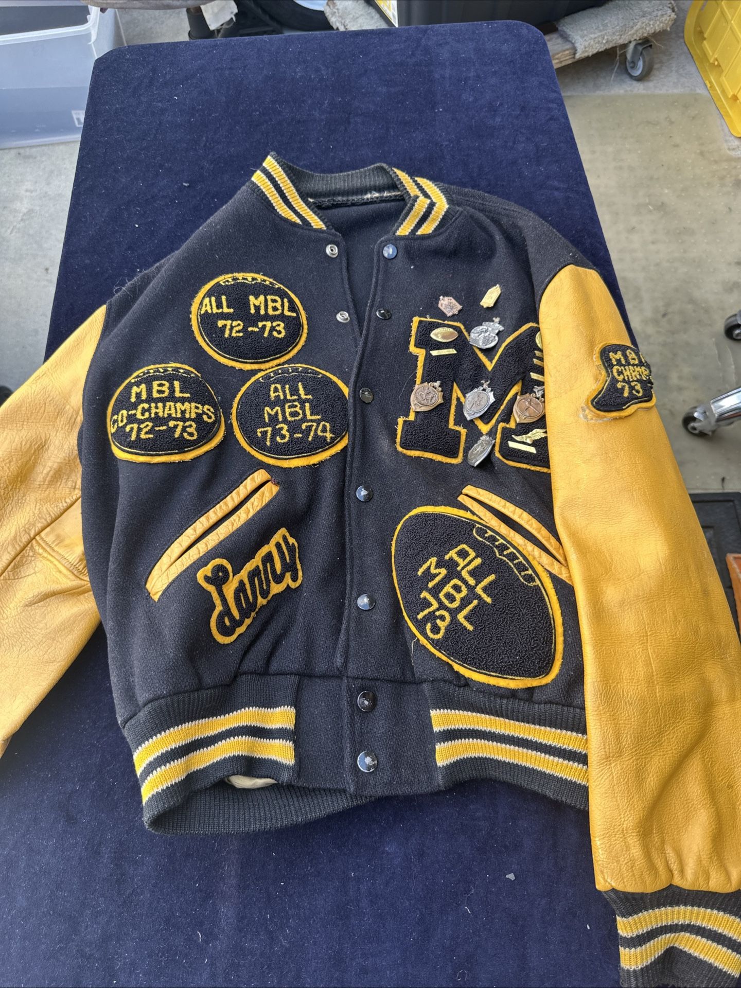 Vintage 60s Howe Letterman Varsity Jacket Distressed Wool Leather Black Yellow Track Pins