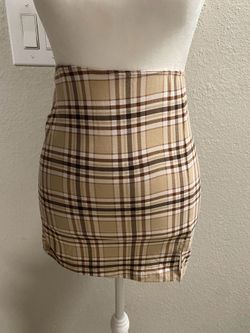 Just Polly New York XS plaid brown stretch slit mini skirt
