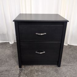 Dark Wood Two-Drawer Nightstand with Silver Handles