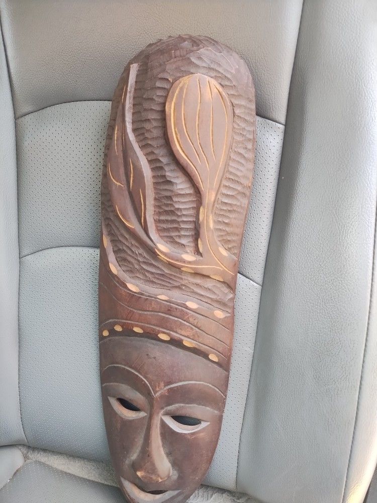 Vintage African Wooden Mask With Long Hairs .