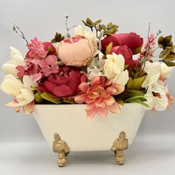 Floral Arrangement in Original Metal Tub Vase With White & Gold Finish