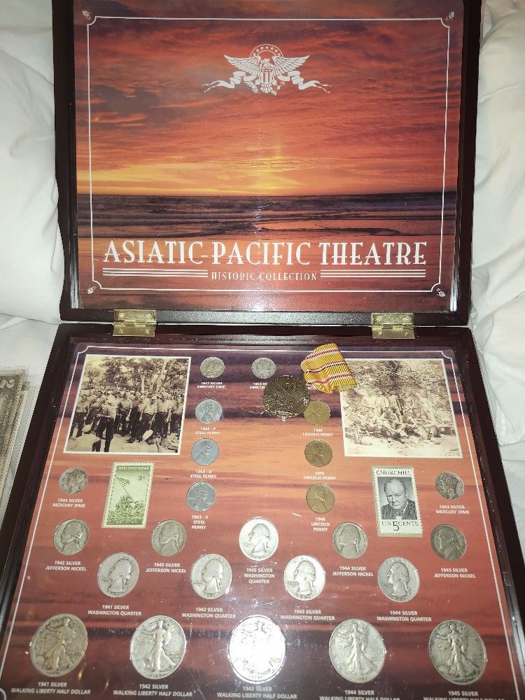 World War II Historic Collection 25 Coins (19 Silver) 2 Stamps Medal in Wood Box + Bonus