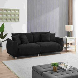 86.6 inch teddy fleece black sofa with four throw pillows hardware feet can be placed in the apartment bedroom to sit comfortably without taking up sp