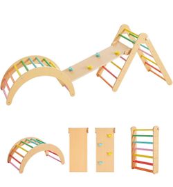 4 in 1 Pikler Triangle Gym, Montessori Foldable Climber with Ramp, Indoor Climbing Toys for Kids, Climbing Triangle for Toddlers Arch Climber, Rocker,
