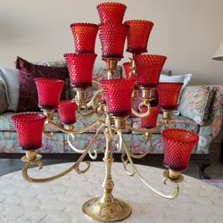 Vintage Brass And Glass( Includes Red And White Votive Glass Holders) 17-Arm Candelabra