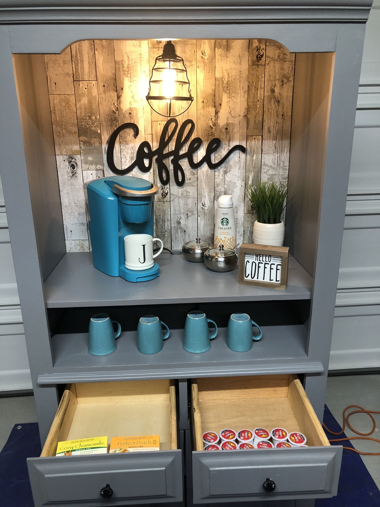 Hutch Coffee bar, coffee station hutch. Reclaimed wood farmhouse decor