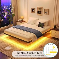 King Size Heavy-Duty Metal Platform Bed with Smart LED Lights, Charging Station,
