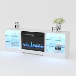 White TV Stand with Electric Fireplace and LED Shelves