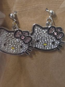 Hello Kitty Silvertone Post Earrings With Rhinestones