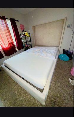 upholstered wingback Queen bed frame with Memory Foam mattress