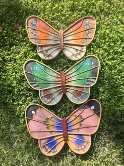 Vintage Bentwood Bamboo Butterfly Wall Hangings Decor Fabric Wings ~ Set Of 3