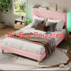 Elegant Sturdy Bed Frame Full Wood Pink Upholstery LED Remote Storage 