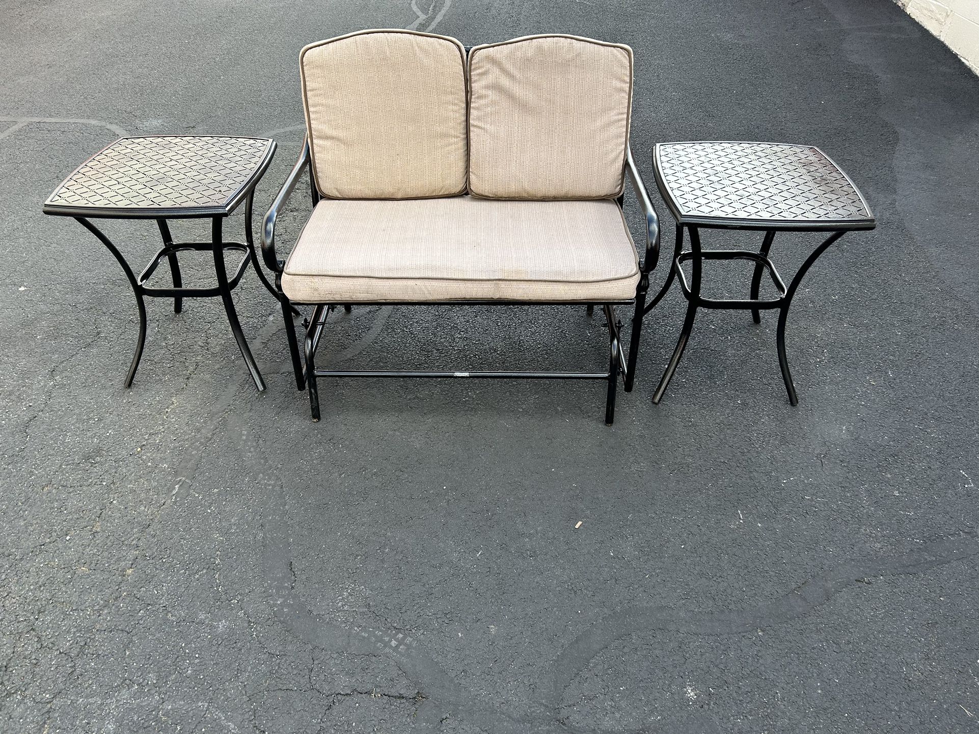 Beautiful Metal Glider And 2 Side Tables 